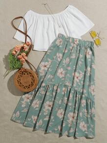 Mulvari Off Shoulder Solid Top & Floral Skirt Set - Multicolor - View 1