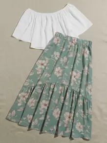 Mulvari Off Shoulder Solid Top & Floral Skirt Set - Multicolor - View 4