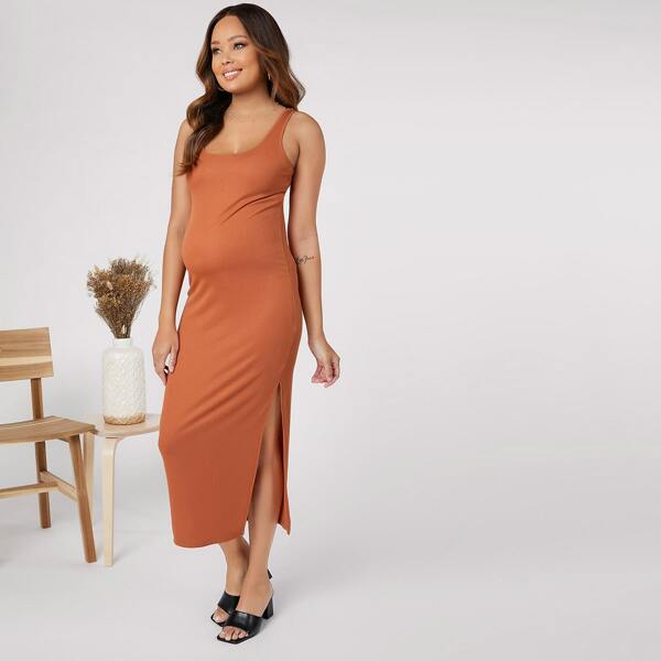

Maternity Rib-knit Split Thigh Side Dress, Orange