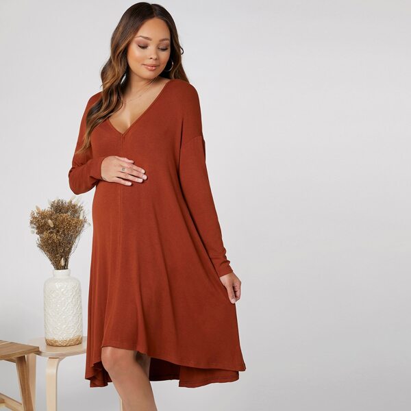 

Maternity V-neck Drop Shoulder Dress, Rust brown