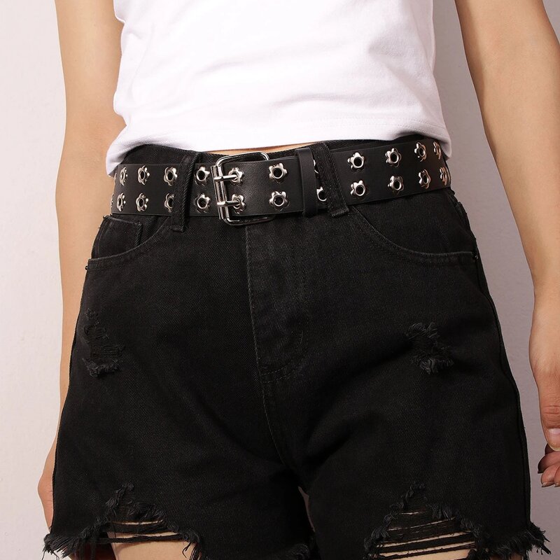 

Floral Eyelet Decor Buckle Belt, Black