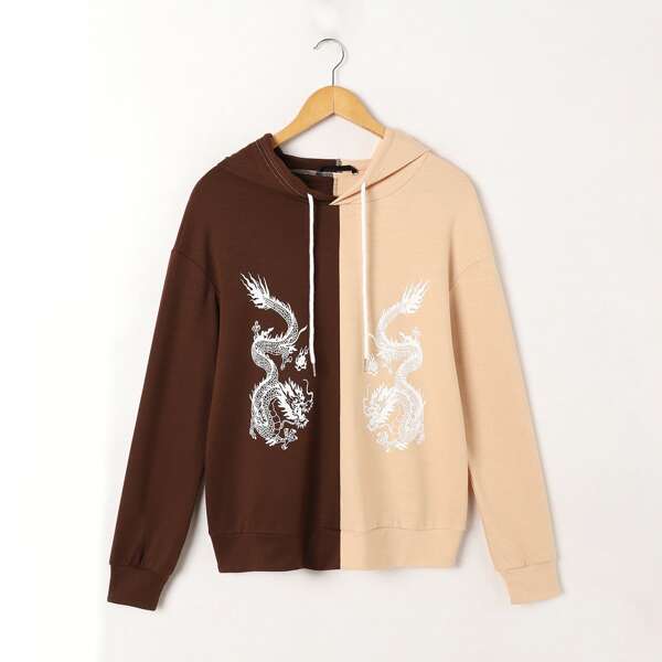 

Chinese Dragon Graphic Drawstring Spliced Hoodie, Multicolor