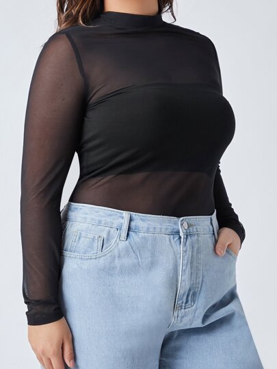 ملابس علوية شبكية شفافة بياقة عالية بدون ملابس علوية داخلي