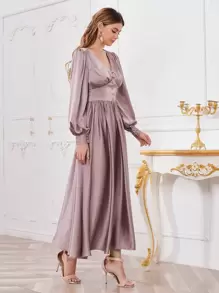 Modelyn Buttoned Front Ruched Bust Satin Dress - Mauve Purple - View 3