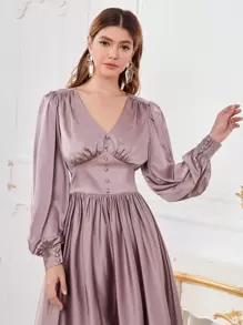 Modelyn Buttoned Front Ruched Bust Satin Dress - Mauve Purple - View 4