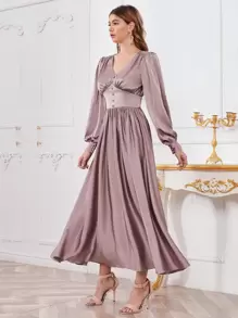 Modelyn Buttoned Front Ruched Bust Satin Dress - Mauve Purple - View 5