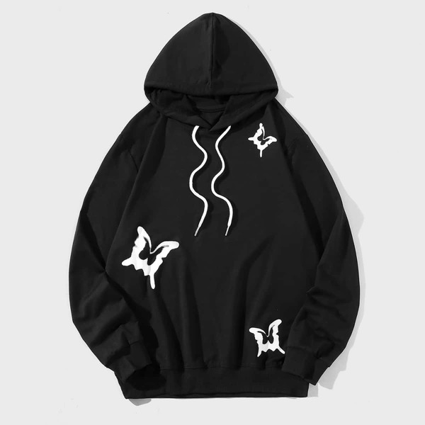 

Men Butterfly Print Drawstring Hoodie, Black
