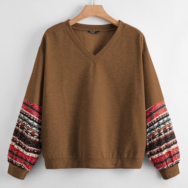 

Plus V-neck Geo Print Sleeve Sweatshirt, Mocha brown