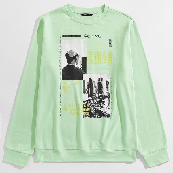 

Men Slogan & Figure Graphic Pullover, Mint green