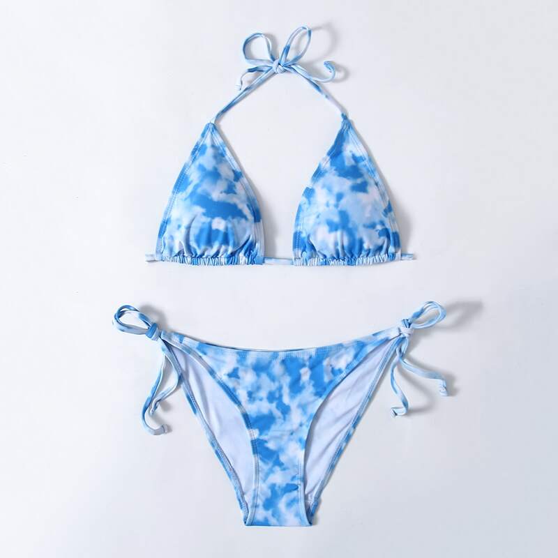 

Tie Dye Triangle Tie Side Bikini Swimsuit, Blue and white