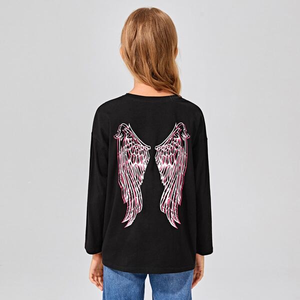 

Girls Drop Shoulder Wing Print Top, Black