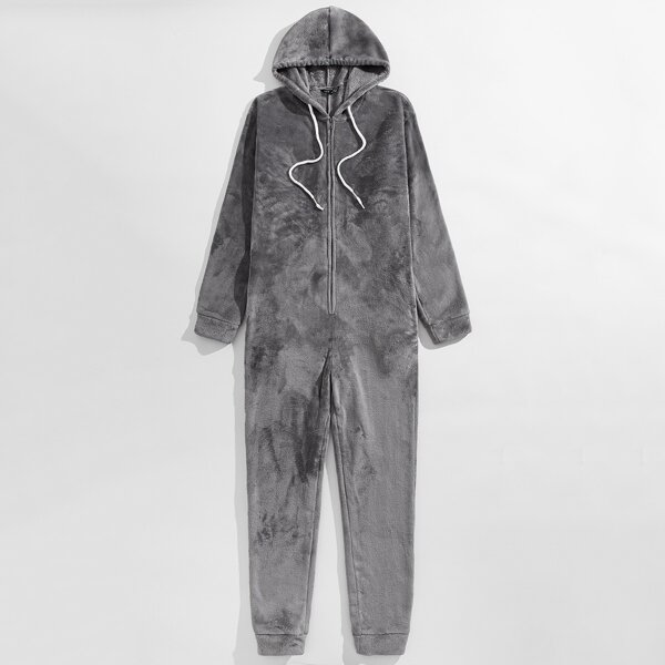 

Men Zip Up Velvet Hooded Sleep Jumpsuit, Dark grey