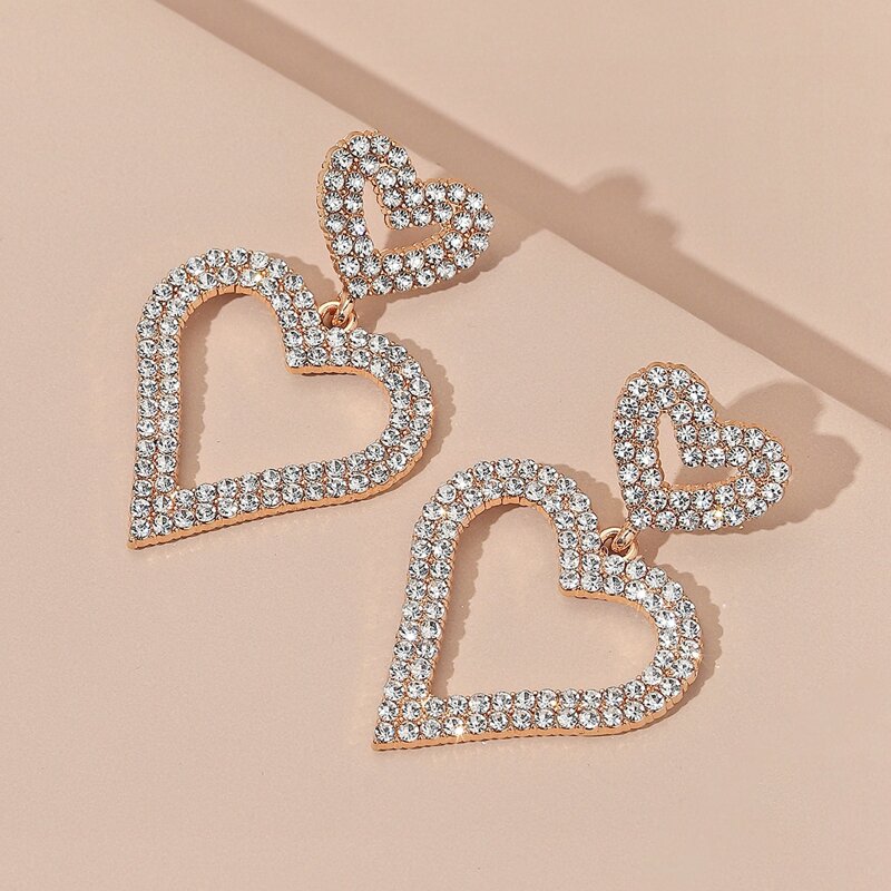 

Rhinestone Heart Drop Earrings, Gold