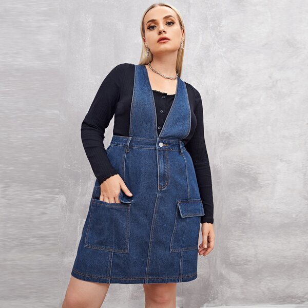 

Plus Pocket Detail Overall Denim Dress, Medium wash