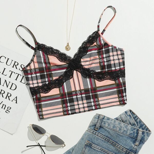

Contrast Lace Tartan Plaid Crop Cami Top, Multicolor
