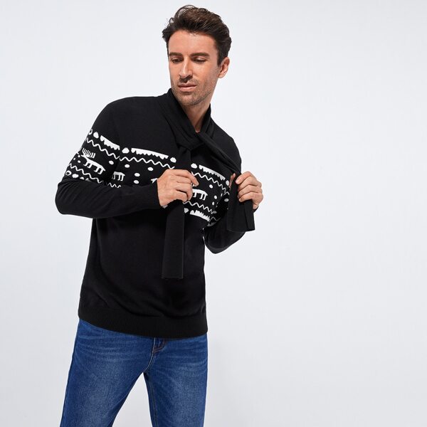 

Men Tie Neck Elk Pattern Sweater, Black