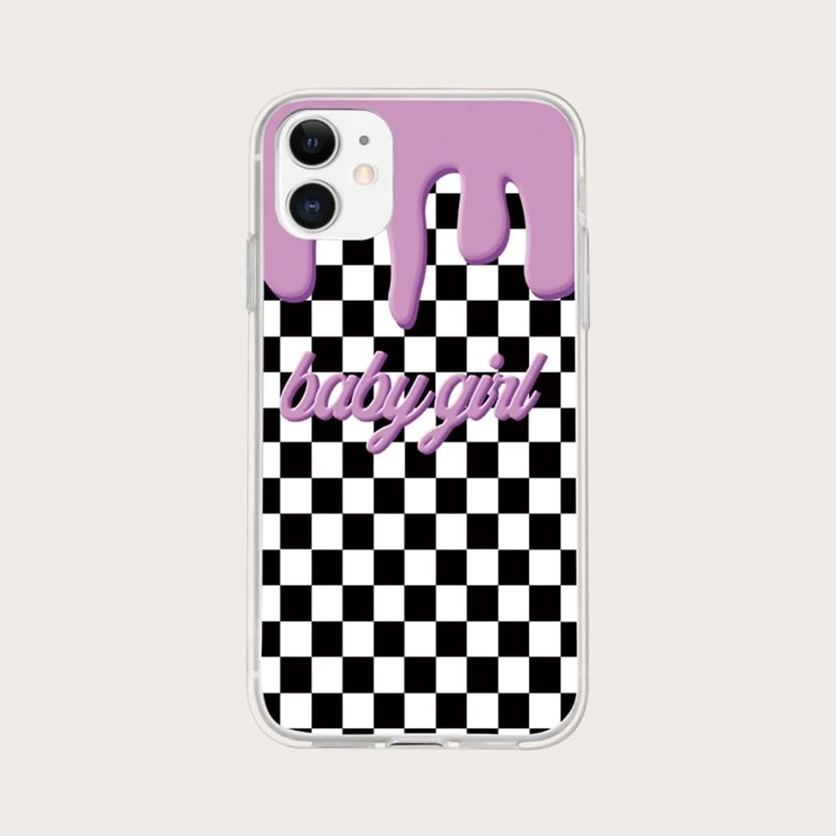 

Letter & Checker Pattern iPhone Case, Black and white