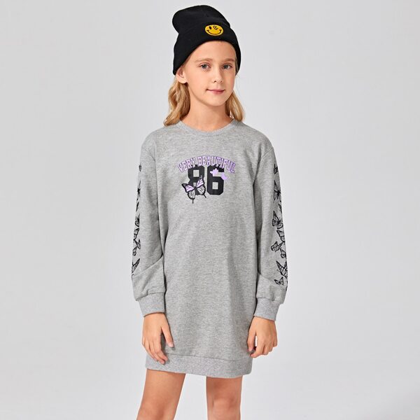 

Girls Letter and Butterfly Print Sweatshirt Dress, Grey