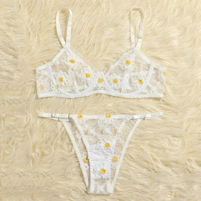 

Mesh Floral Sheer Lingerie Set, White