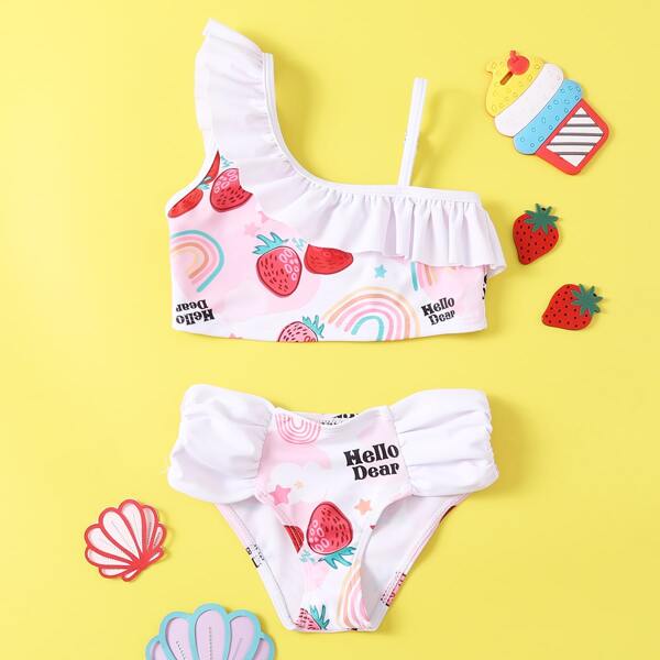 

Toddler Girls Strawberry Print Ruffle Trim Bikini Swimsuit, Multicolor