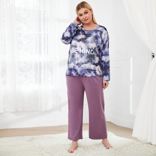 

Plus Tie Dye Slogan Graphic Pajama Set, Multicolor