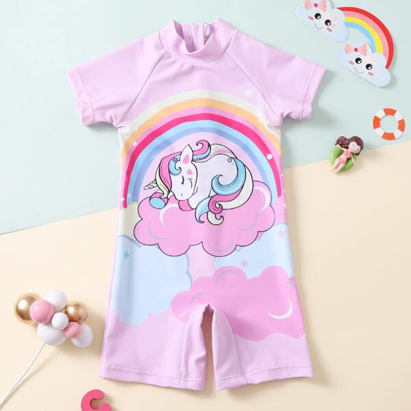 

Baby Girl Cartoon Unicorn One Piece Swimsuit, Pastel baby pink