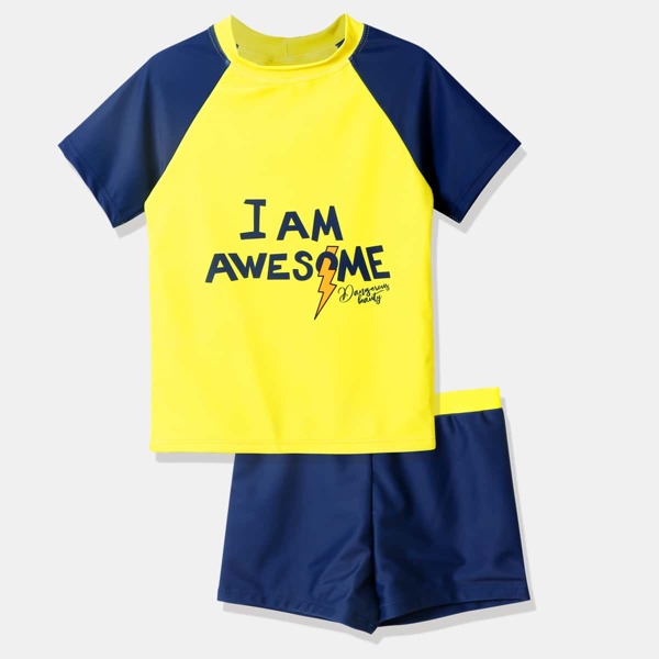 

Boys Color Block Slogan Graphic Swimsuit, Multicolor