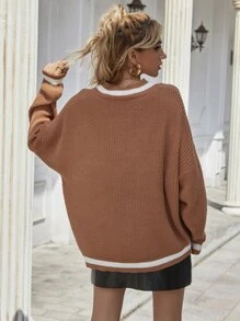 v領條紋蝙蝠袖超大號毛衣 - 棕色 - 查看 2