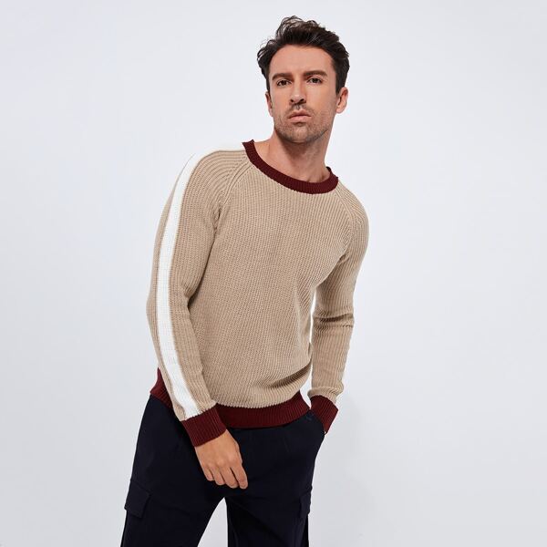 

Men Contrast Trim Raglan Sleeve Sweater, Khaki