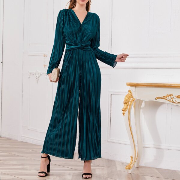 

Twist Front Wide Leg Plisse Jumpsuit, Teal blue