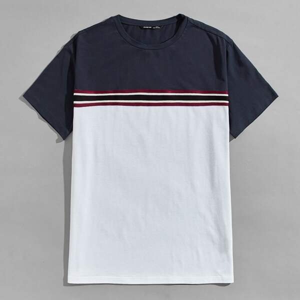 

Men Striped Tape Front Two Tone Top, Blue and white