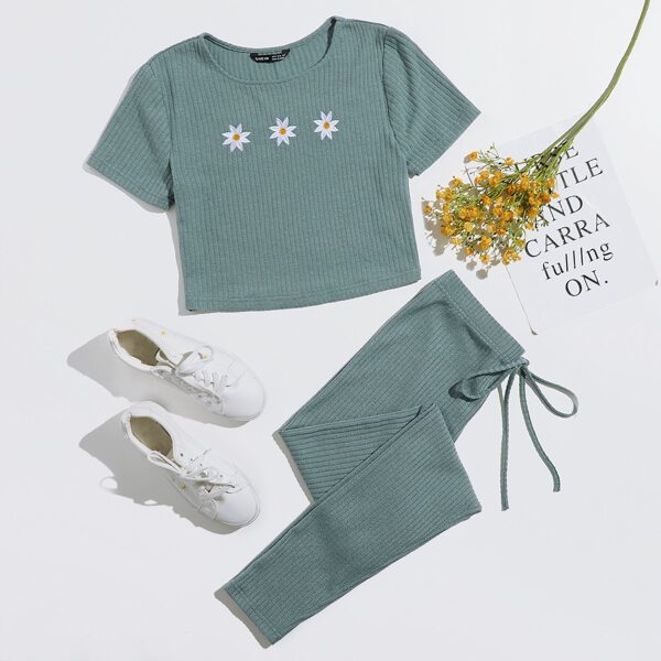 

Embroidery Floral Rib-knit Crop Top & Knot Waist Leggings Set, Cadet blue