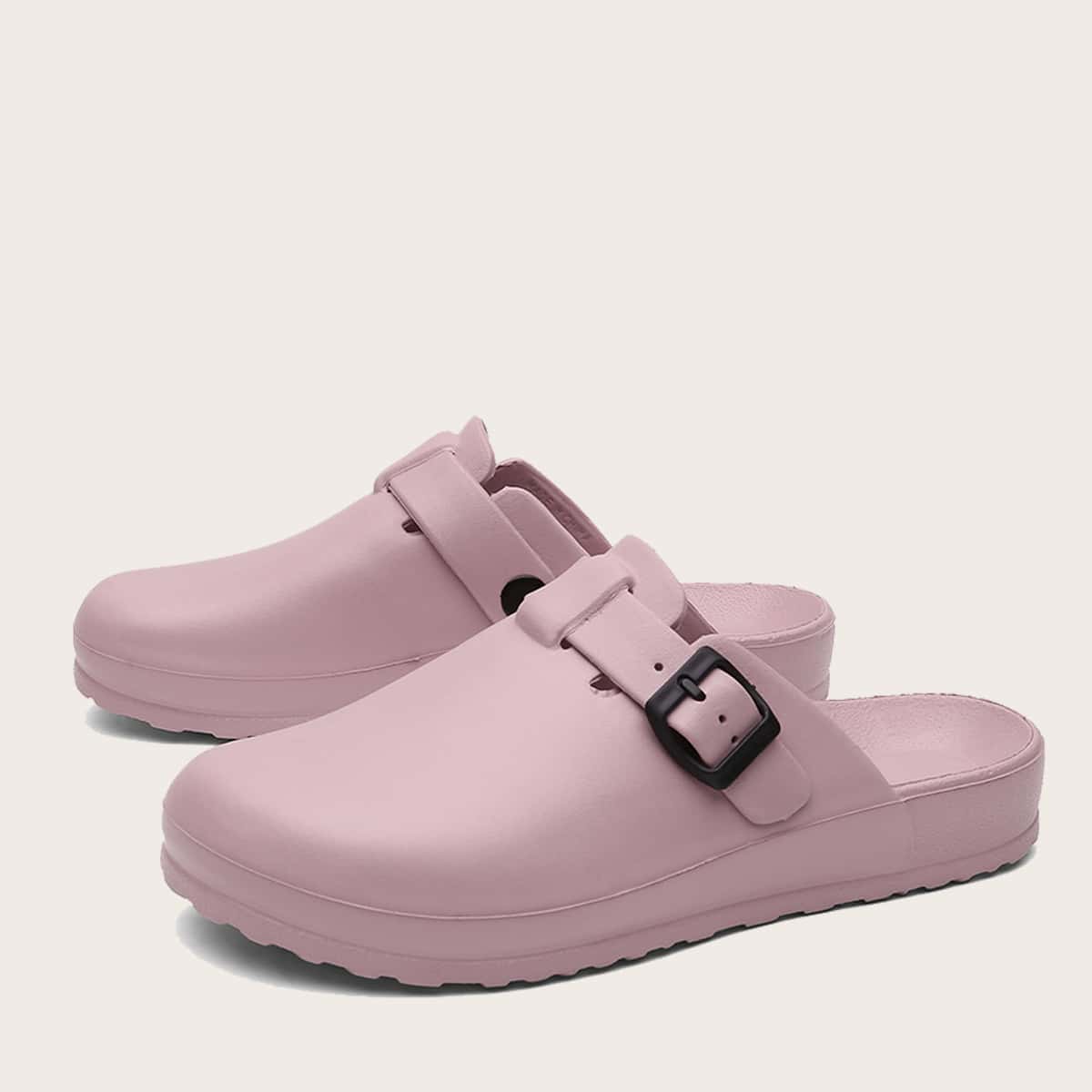 

Round Toe Buckle Decor Waterproof Slides, Pink