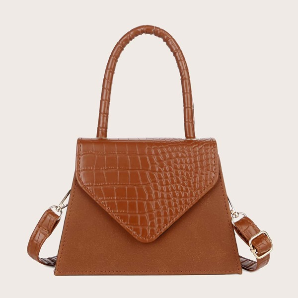 

Croc Embossed Top Handle Satchel Bag, Brown