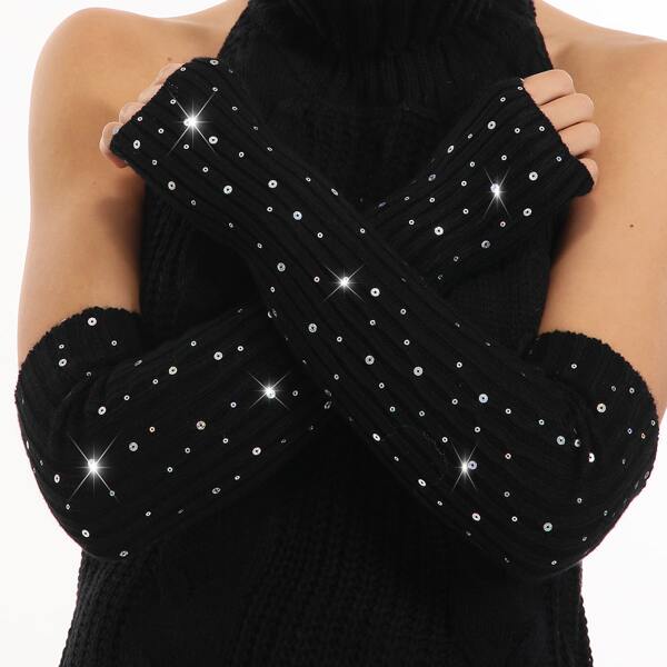 

Sequin Decor Long Fingerless Gloves, Black