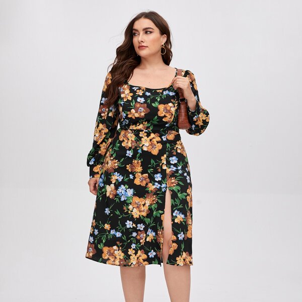 

Plus Scoop Neck Allover Floral Split Hem Dress, Multicolor