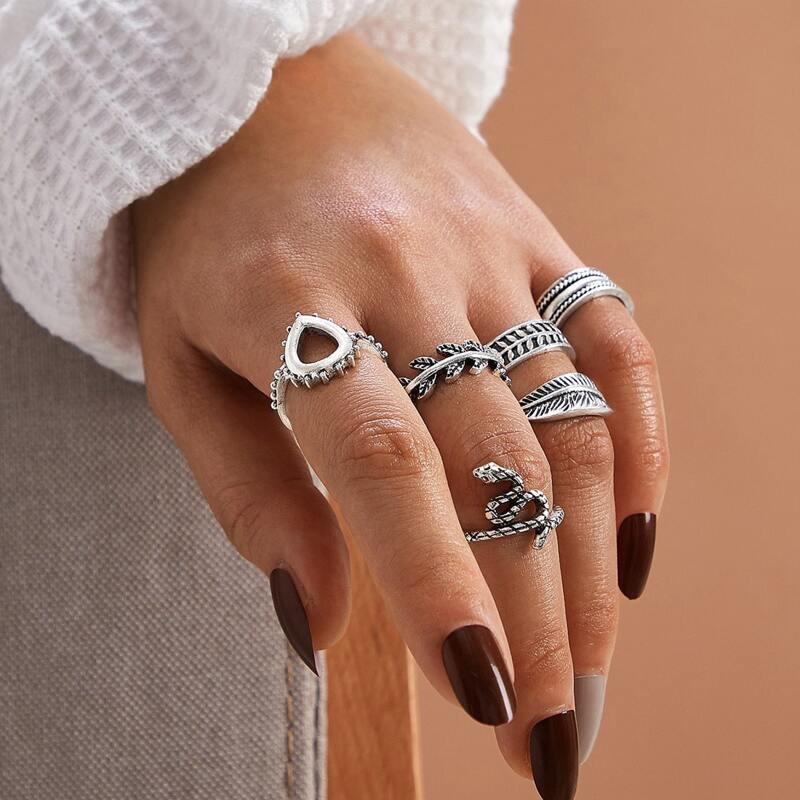 

6pcs Leaf Design Ring, Antique silver