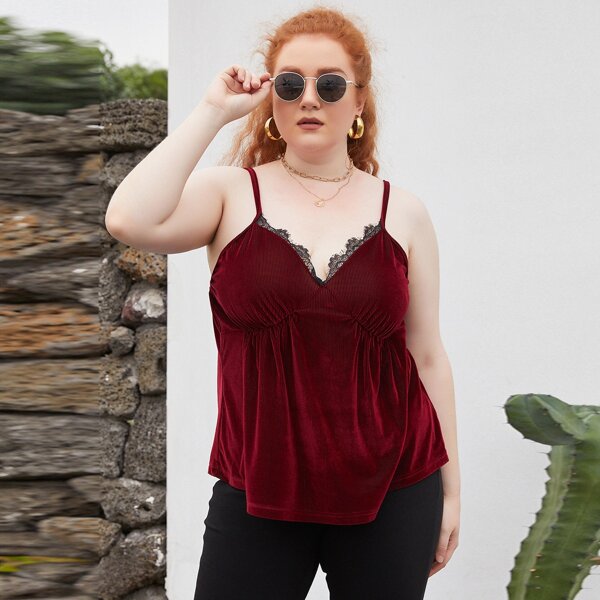 

Plus Contrast Lace Corduroy Cami Top, Burgundy