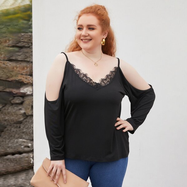 

Plus Contrast Lace Cold Shoulder Blouse, Black