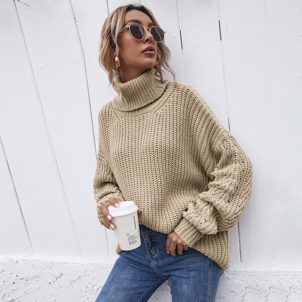 

Turtleneck Drop Shoulder Oversized Sweater, Khaki