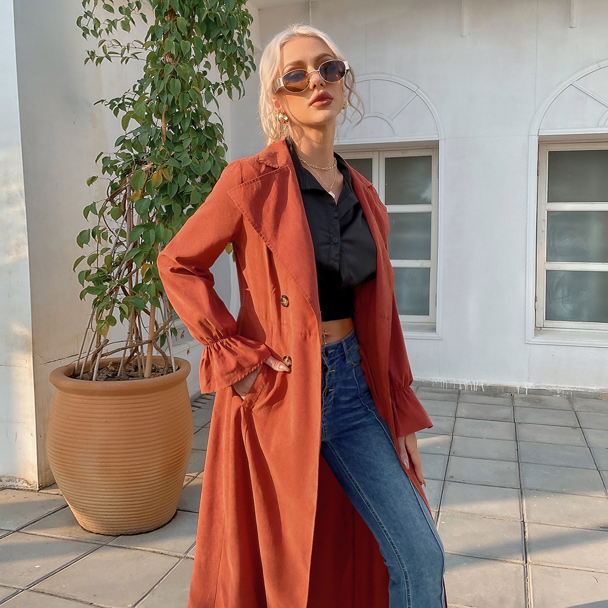 Image of Lapel Neck Double Button Suede Pea Coat