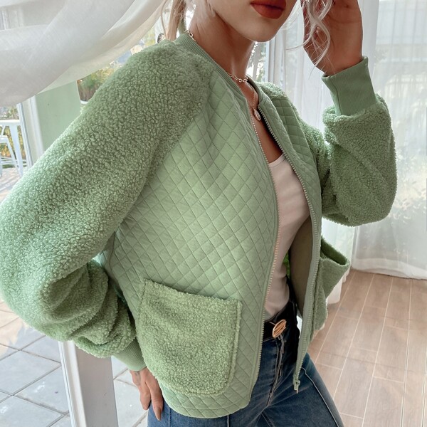 

Contrast Teddy Raglan Sleeve Zip Up Bomber Jacket, Mint green