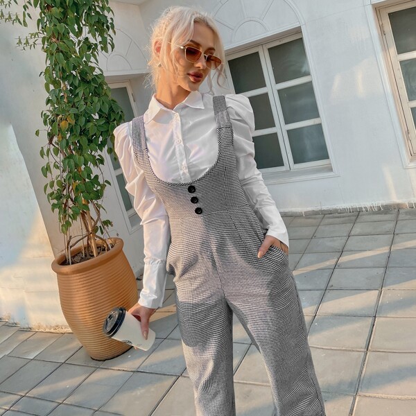 

Plaid Tie Back Suspender Jumpsuit, Grey