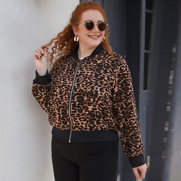 

Plus Leopard Print Bomber Jacket, Multicolor