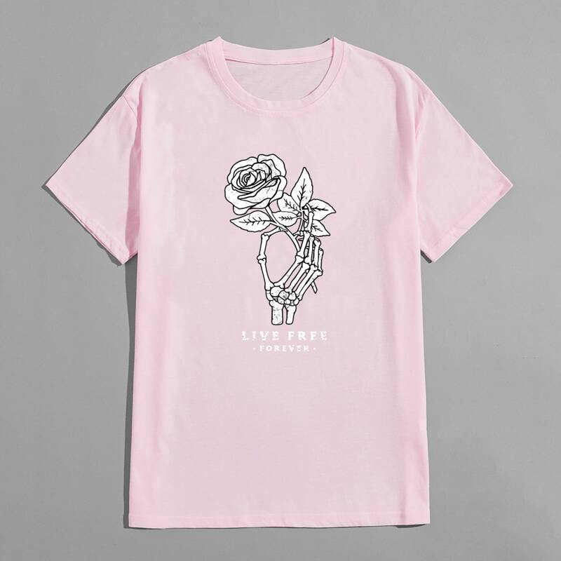 

Guys Letter Flower & Skeleton Graphic Tee, Baby pink