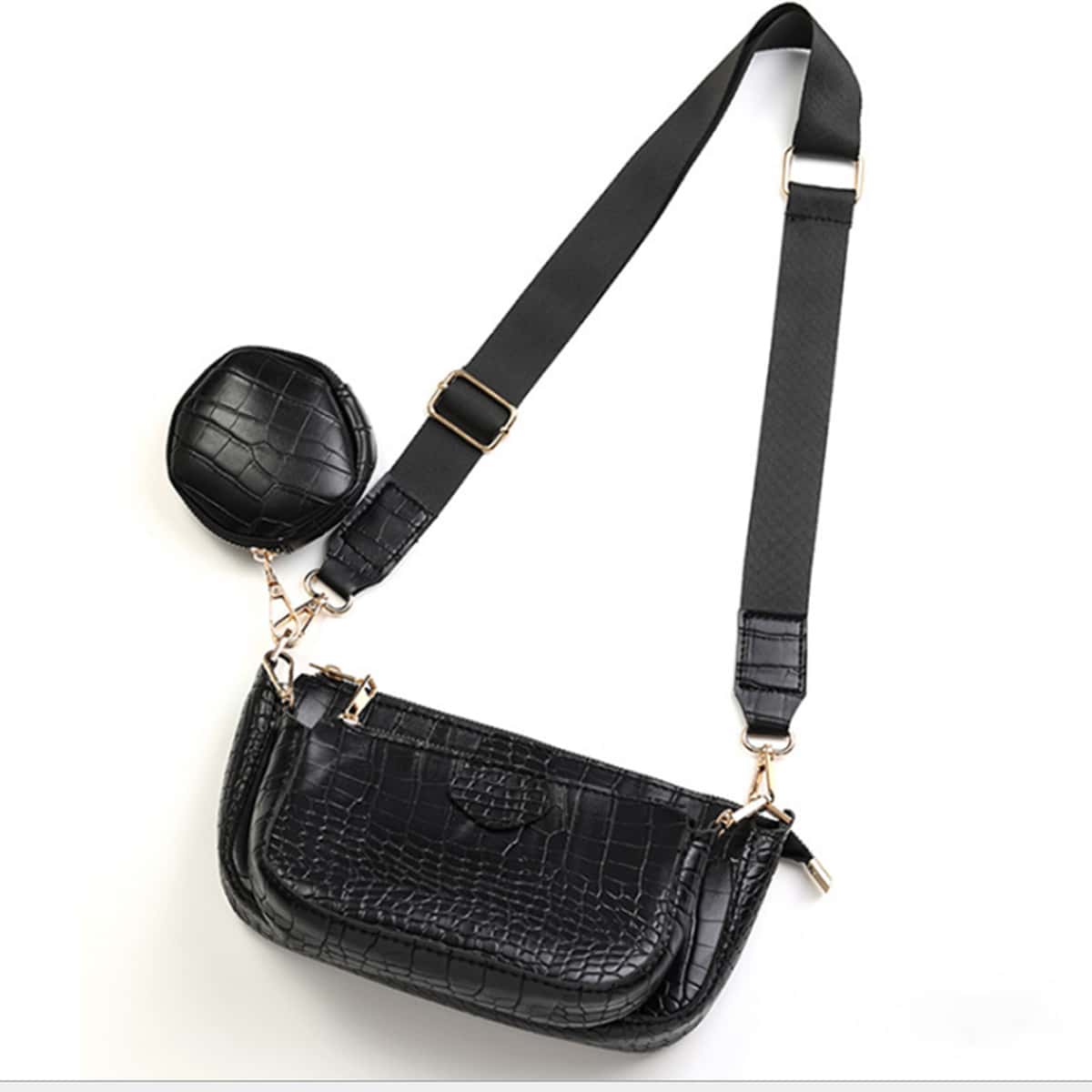 

Croc Embossed Crossbody Bag With Round Purse, Black