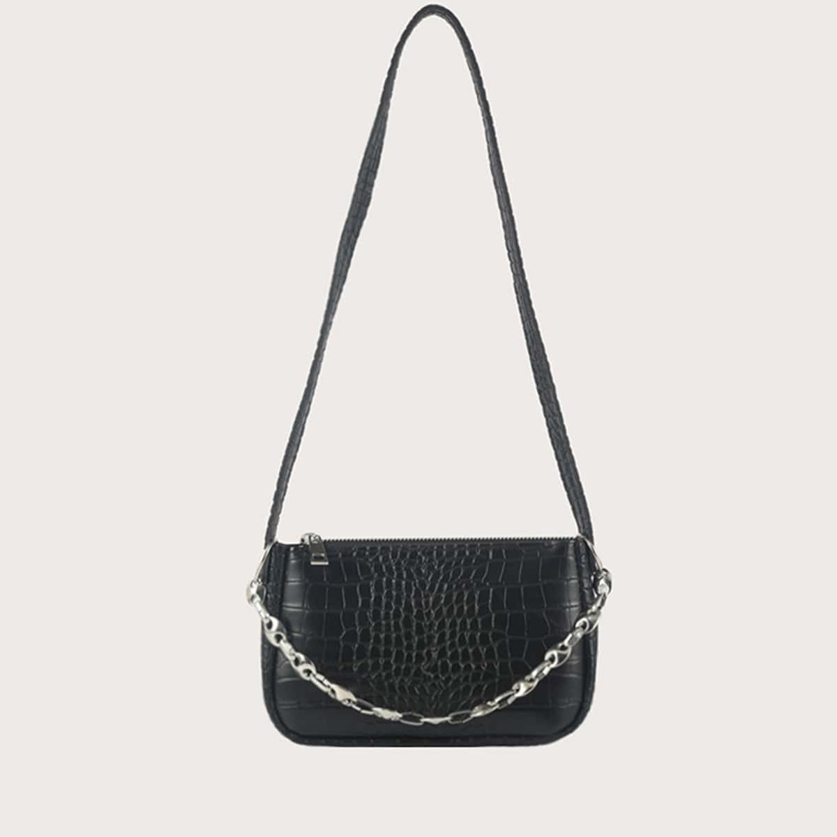 

Croc Embossed Chain Decor Baguette Bag, Black