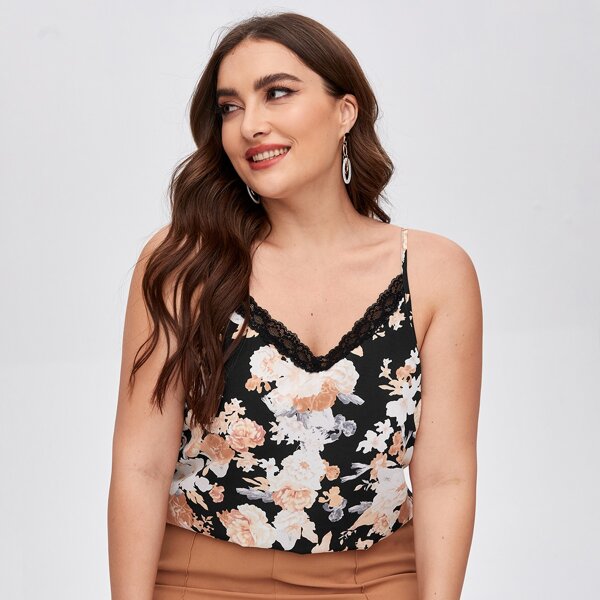

Plus Flower Print Contrast Lace Cami Top, Multicolor