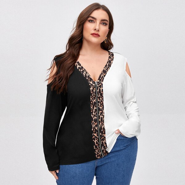 

Plus Color-block Cold Shoulder Zip Front Tee, Black and white
