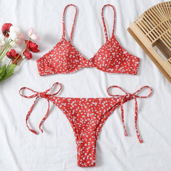 

Ditsy Floral Underwire Tie Side Bikini Swimsuit, Red